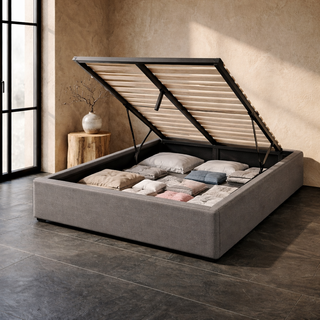 Lit Coffre 150×200 Mino Gris – Tissu, Rangement Intégré