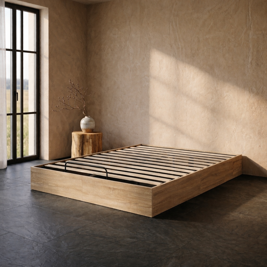 Lit Coffre 140×190 Kiga Chêne – Bois, Sommier à Lattes Inclus