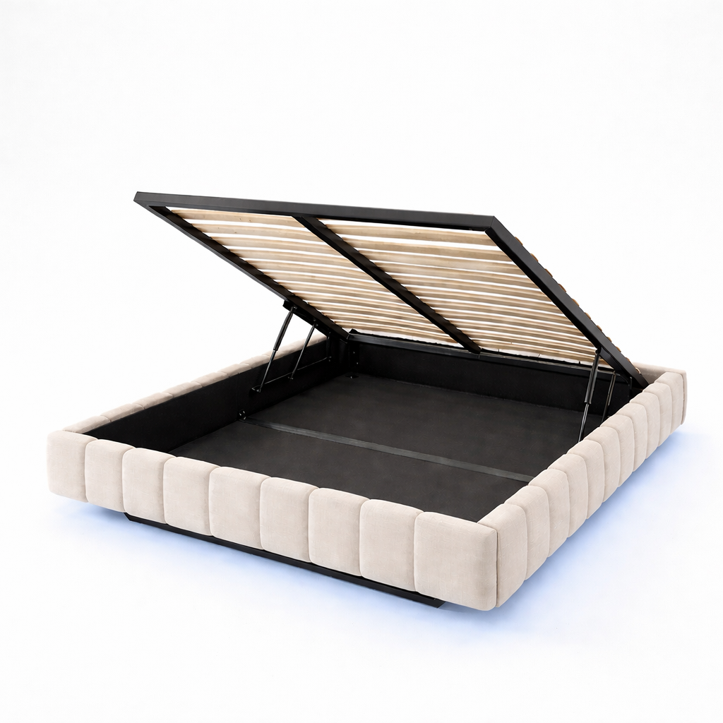 Lit Coffre 160×200 Kubo Beige – Tissu Matelassé, LED Intégrée