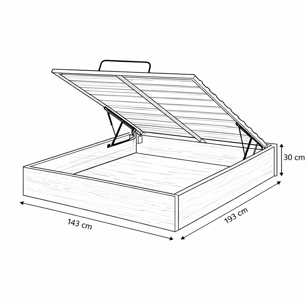 Lit Coffre 140×190 Kiga Chêne – Bois, Sommier à Lattes Inclus