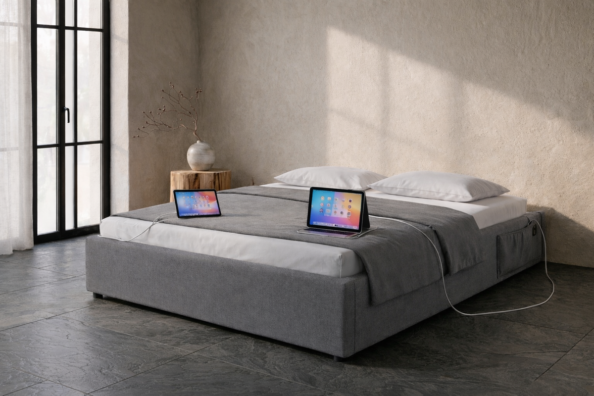 Lit Coffre 160×200 Hako Gris – Tissu Lin, Port USB Intégré