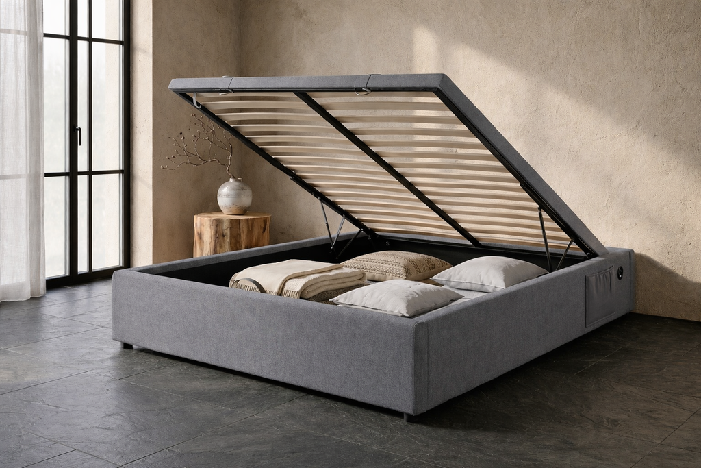 Lit Coffre 160×200 Hako Gris – Tissu Lin, Port USB Intégré
