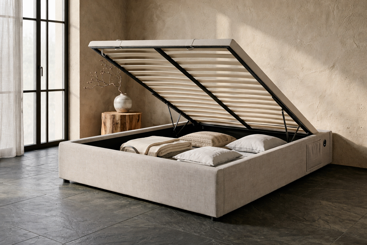 Lit Coffre 160×200 Hako Beige – Tissu Lin, Port USB Intégré