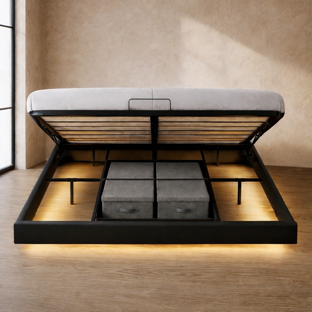 Lit Coffre 160×200 Kuro Noir – Plateforme LED, Sommier à Lattes