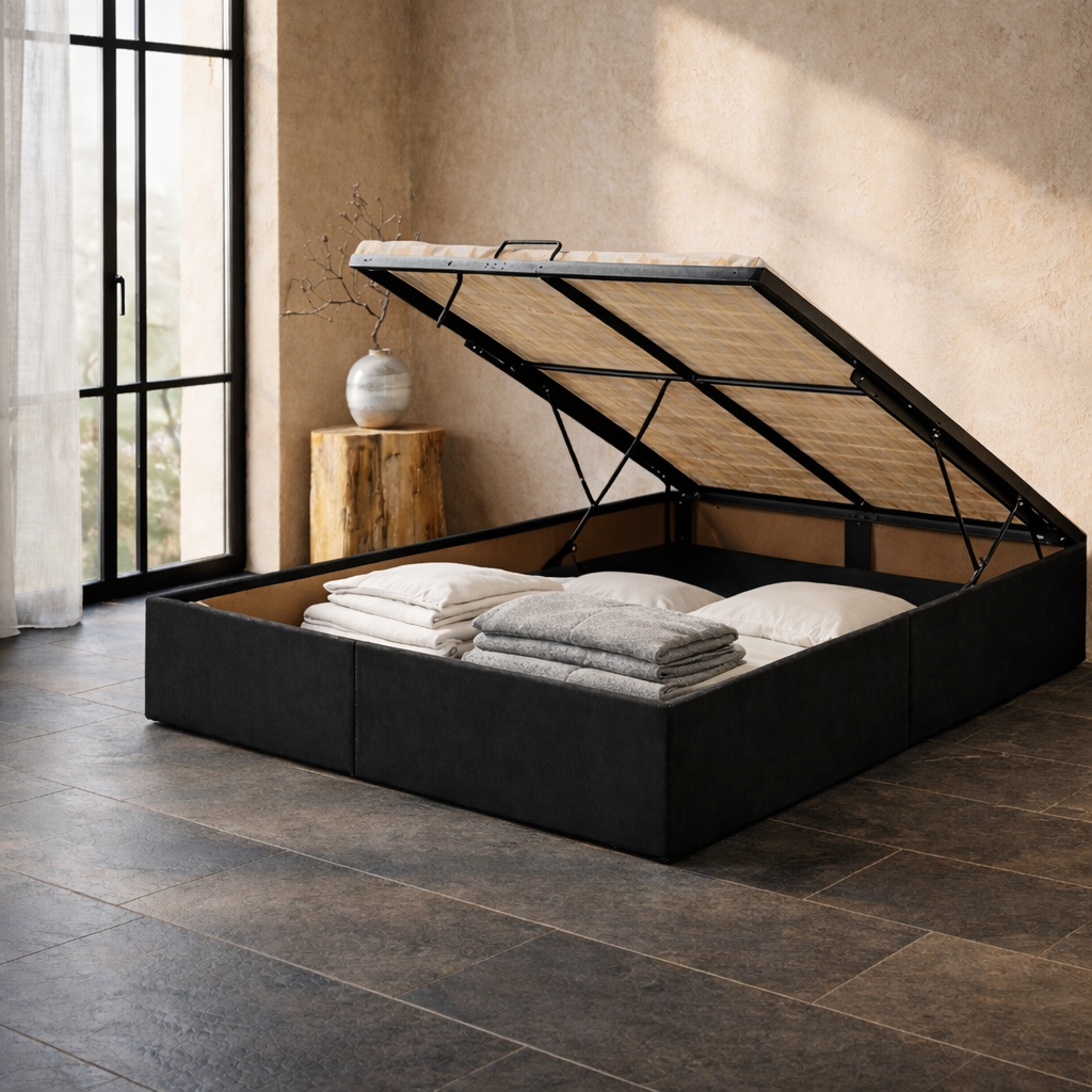Lit Coffre 160×200 Nox Noir – Plateforme Basse, Rangement Intégré