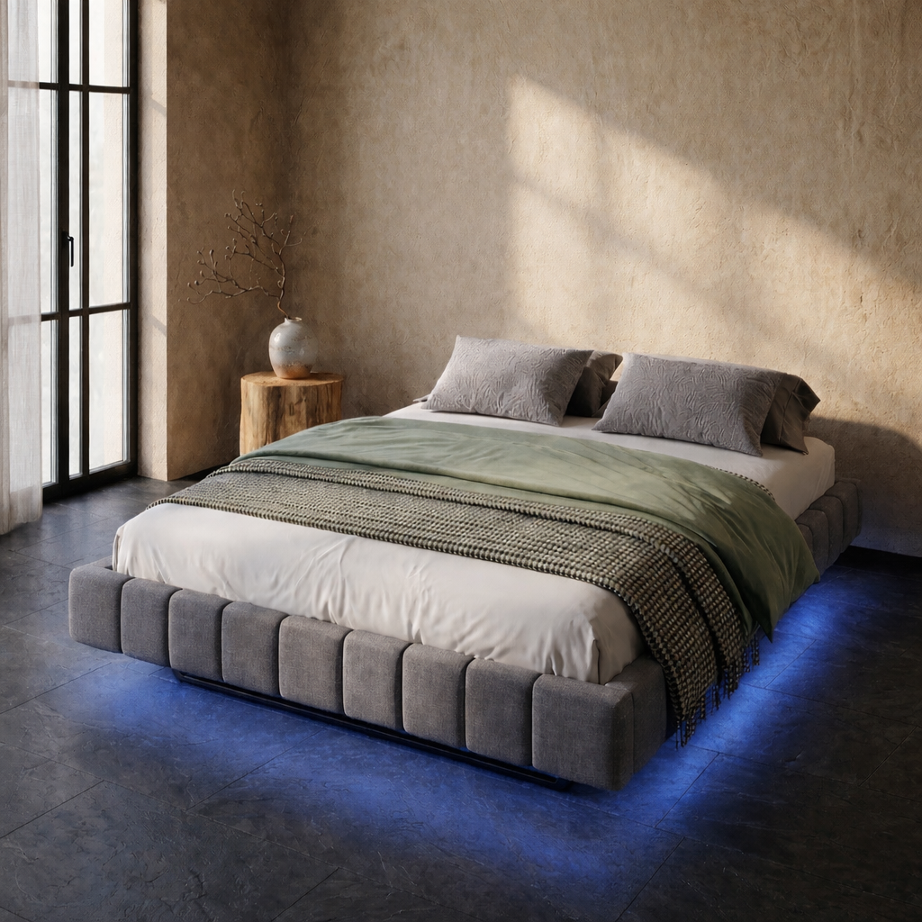 Lit Coffre 160×200 Kubo Gris – Tissu Matelassé, LED Intégrée