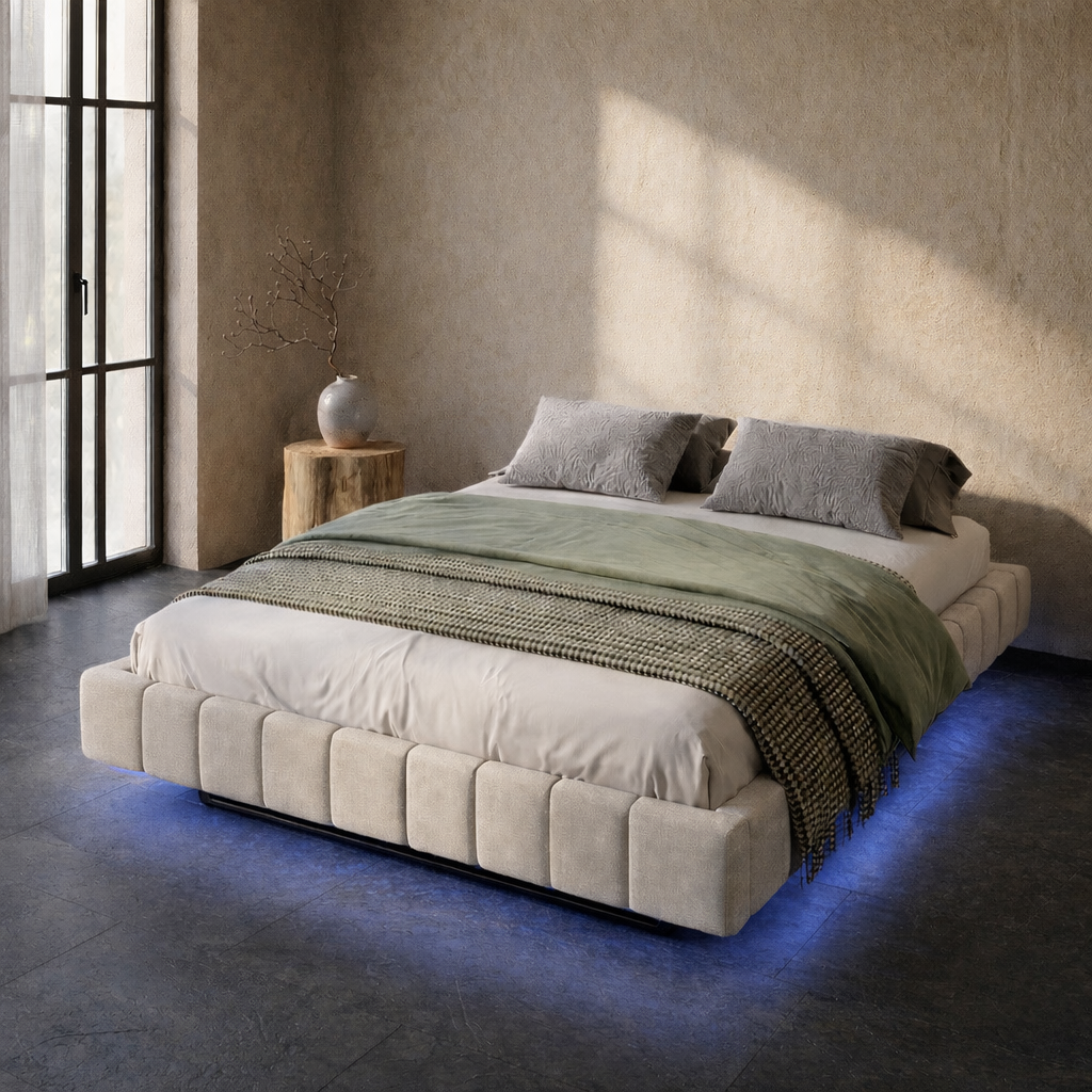 Lit Coffre 160×200 Kubo Beige – Tissu Matelassé, LED Intégrée