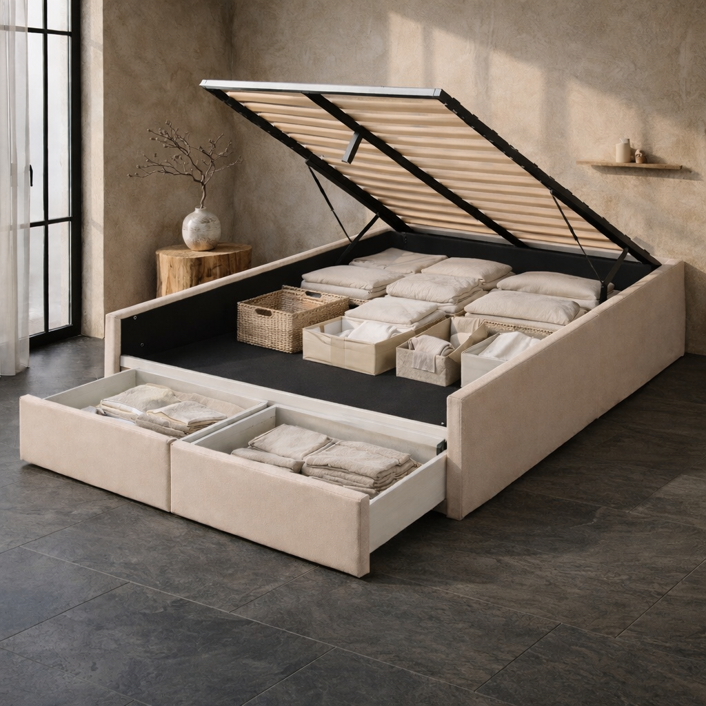 Lit Coffre 140×200 Arcio Beige – Coffre + Tiroirs, Tissu