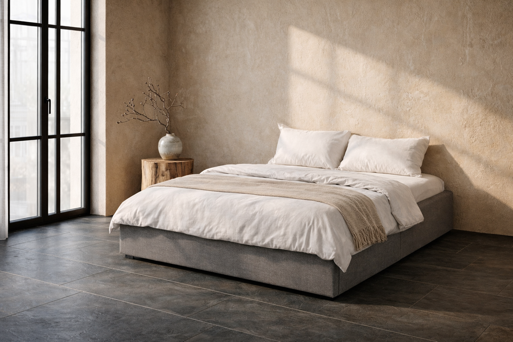 Lit Coffre 150×200 Mino Gris – Tissu, Rangement Intégré