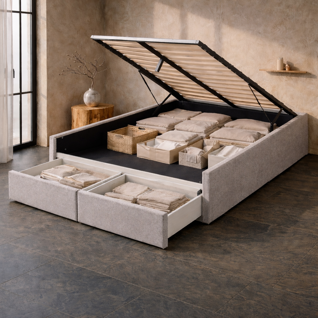 Lit Coffre 140×200 Arcio Gris – Coffre + Tiroirs, Tissu