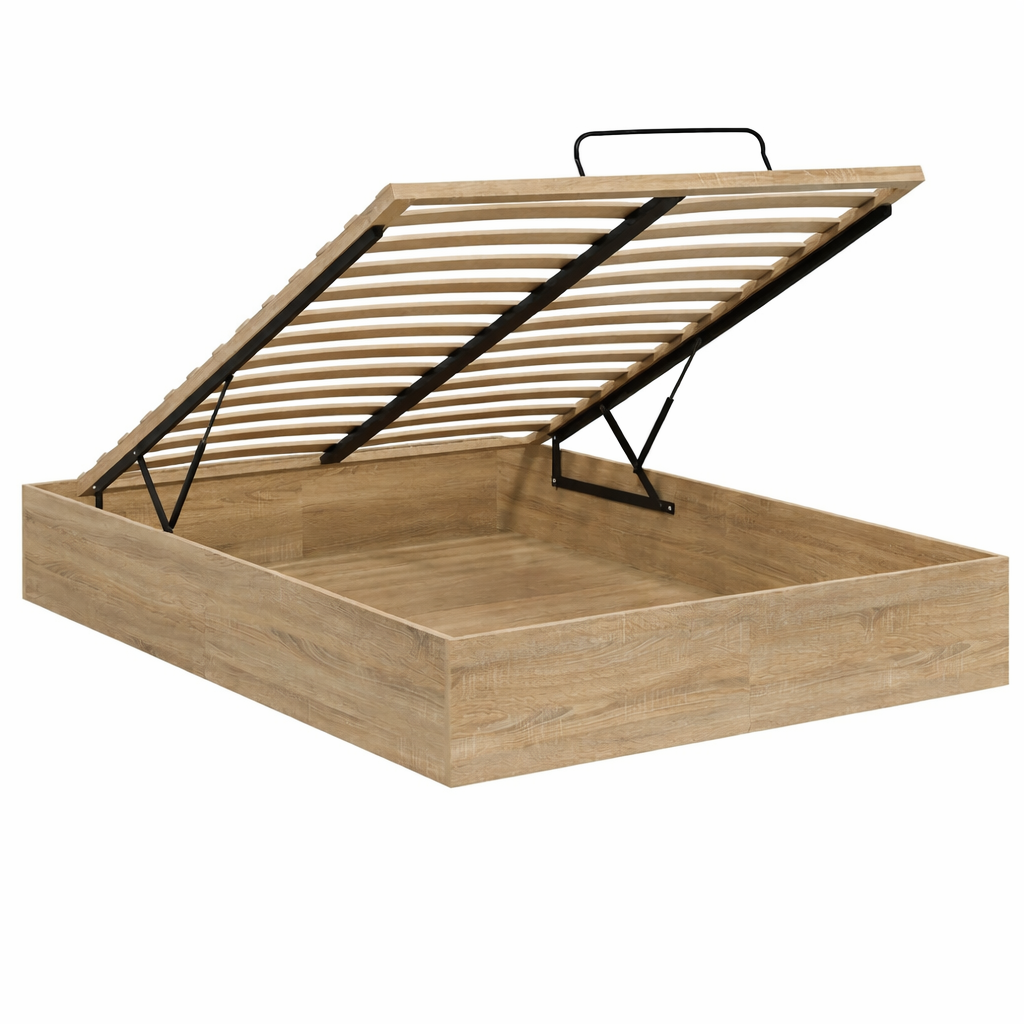 Lit Coffre 140×190 Kiga Chêne – Bois, Sommier à Lattes Inclus