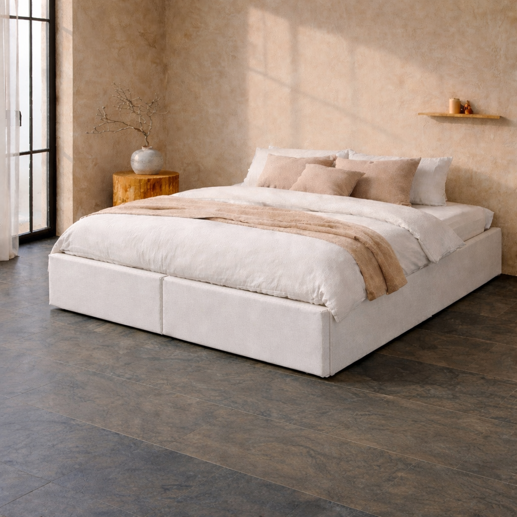 Lit Coffre 140×200 Arcio Blanc – Coffre + Tiroirs, Tissu