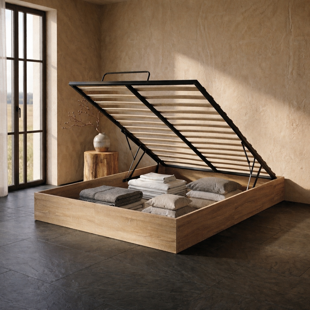 Lit Coffre 140×190 Kiga Chêne – Bois, Sommier à Lattes Inclus
