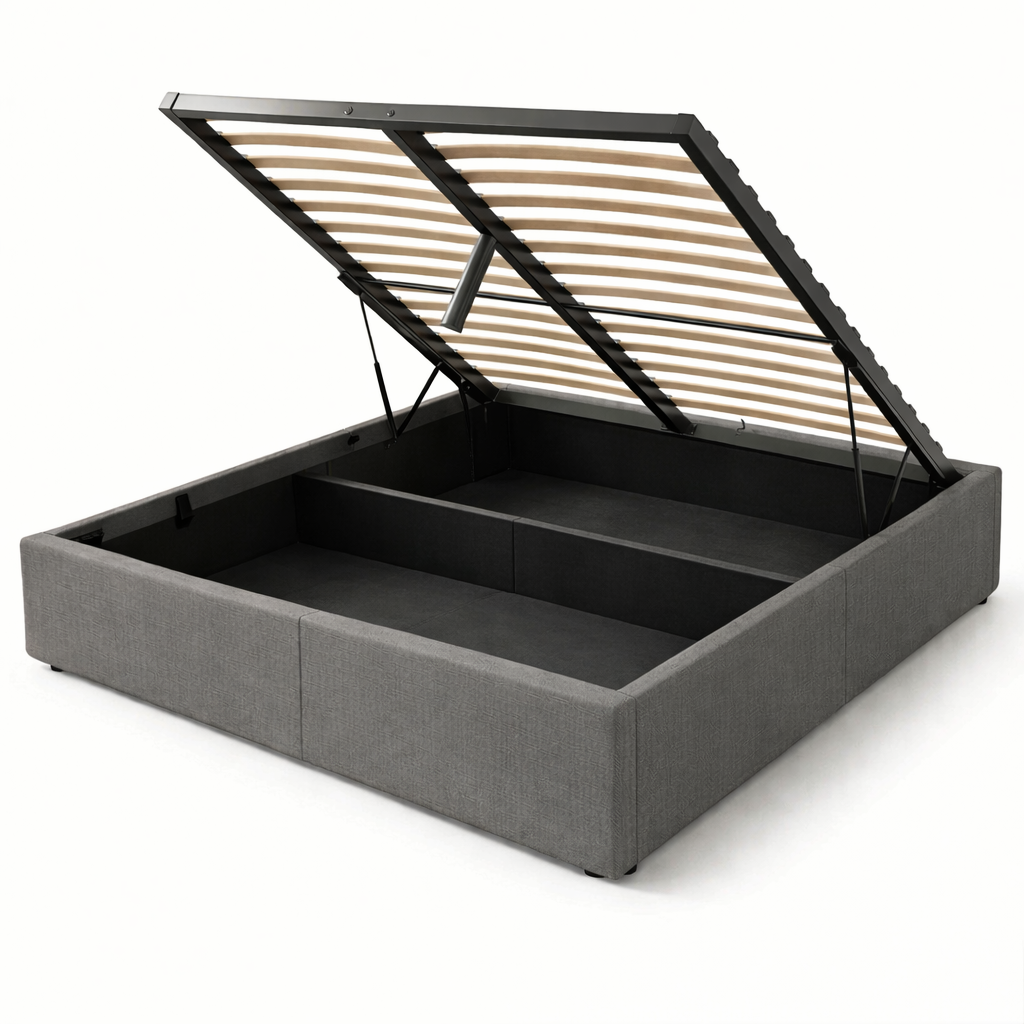 Lit Coffre 150×200 Mino Gris – Tissu, Rangement Intégré