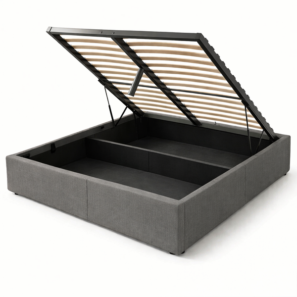 Lit Coffre 150×200 Mino Gris – Tissu, Rangement Intégré