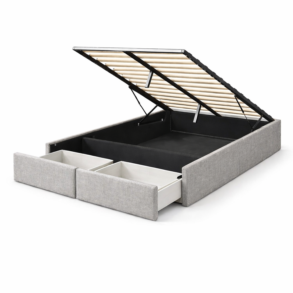 Lit Coffre 140×200 Arcio Gris – Coffre + Tiroirs, Tissu