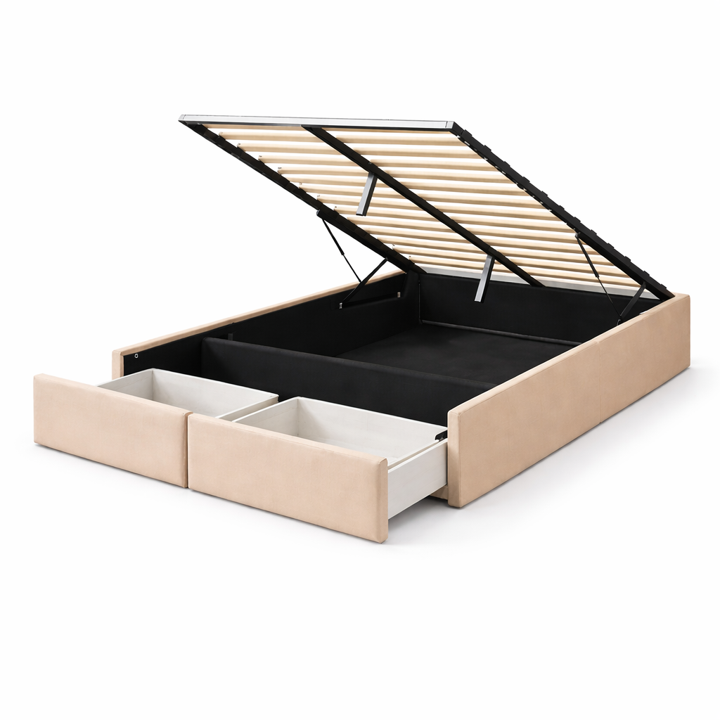 Lit Coffre 140×200 Arcio Beige – Coffre + Tiroirs, Tissu