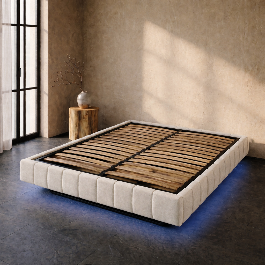 Lit Coffre 160×200 Kubo Beige – Tissu Matelassé, LED Intégrée