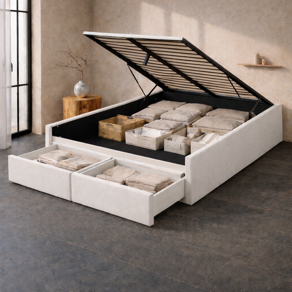 Lit Coffre 140×200 Arcio Blanc – Coffre + Tiroirs, Tissu