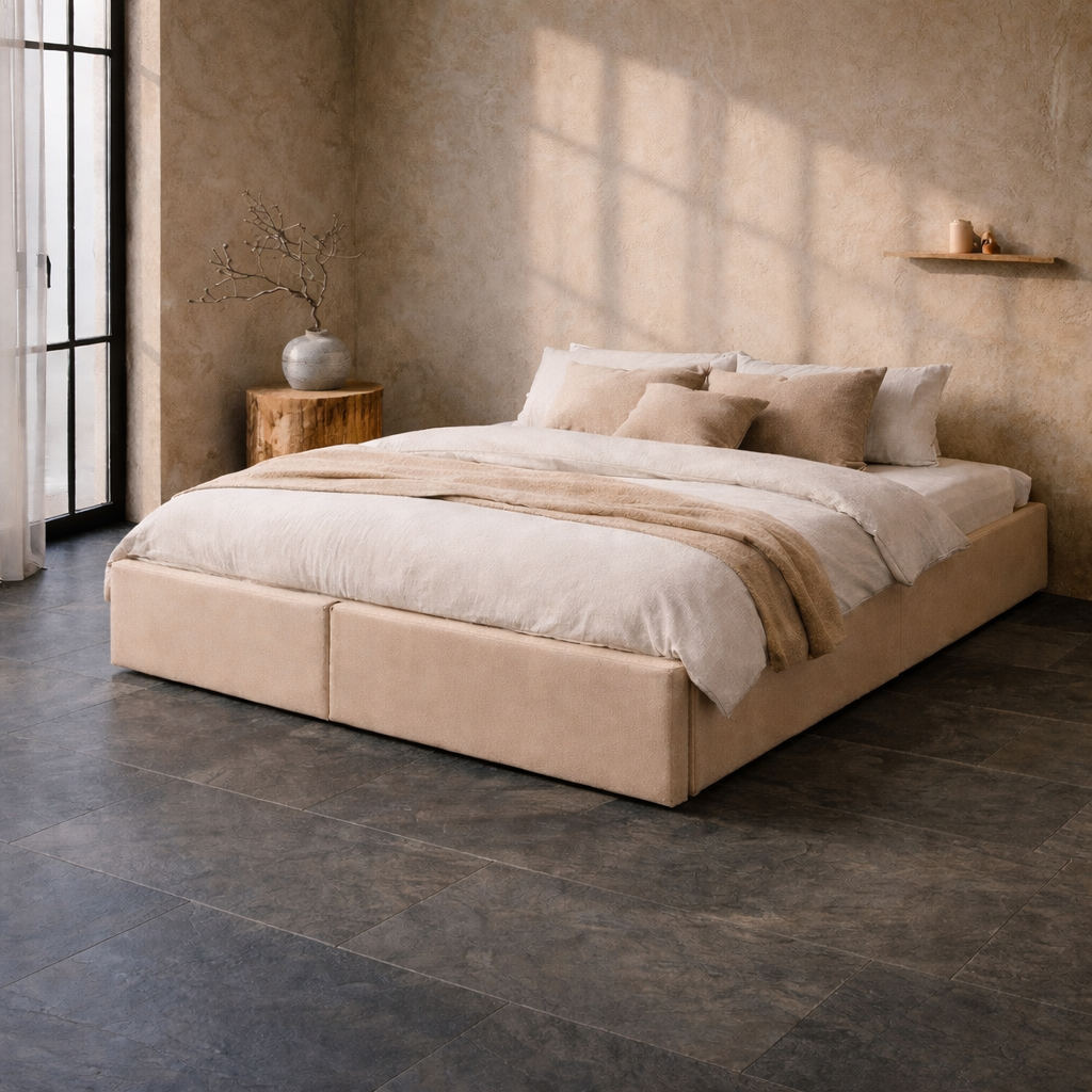 Lit Coffre 140×200 Arcio Beige – Coffre + Tiroirs, Tissu
