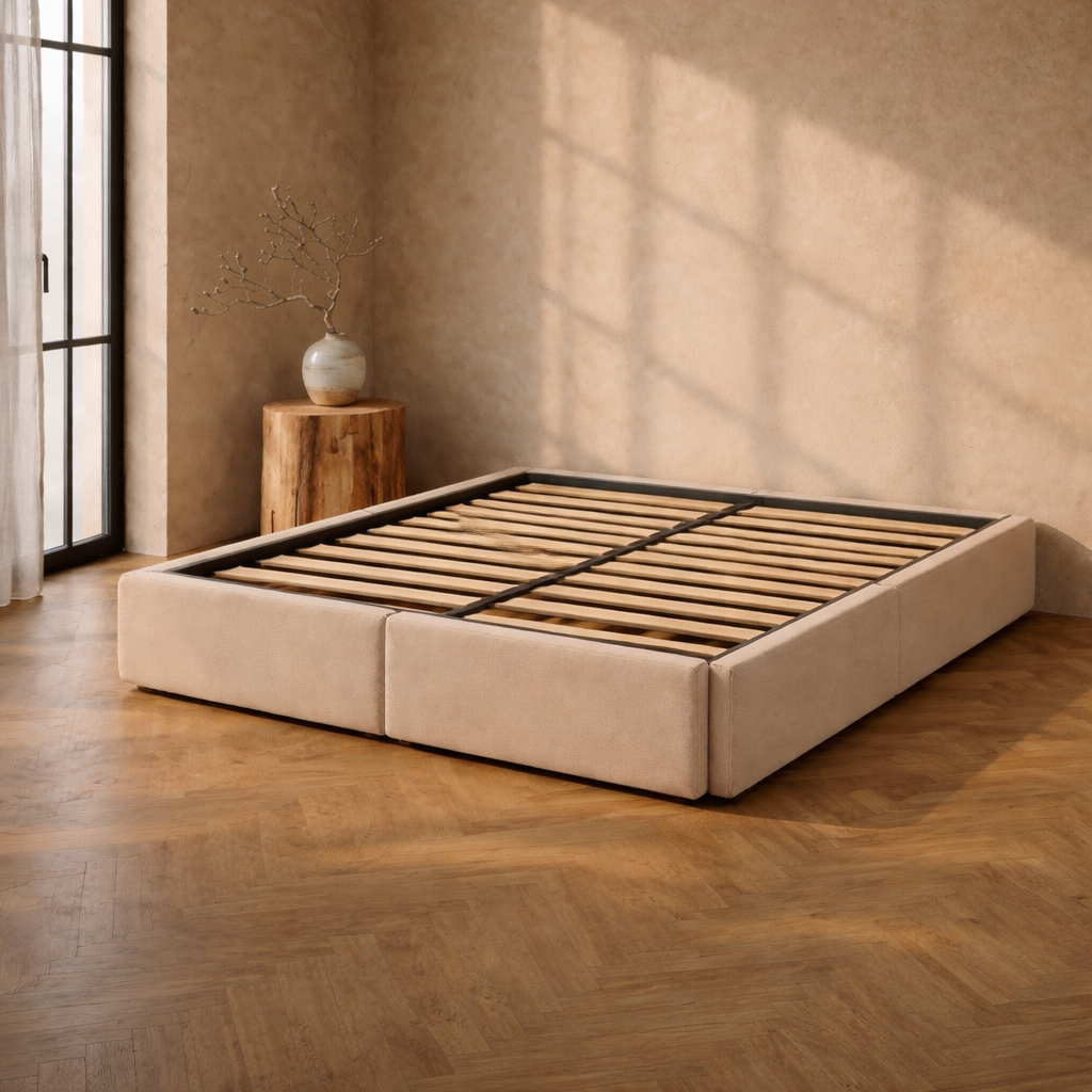 Lit Coffre 140×200 Arcio Beige – Coffre + Tiroirs, Tissu