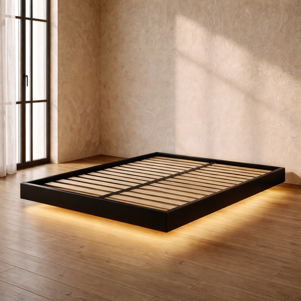 Lit Coffre 160×200 Kuro Noir – Plateforme LED, Sommier à Lattes