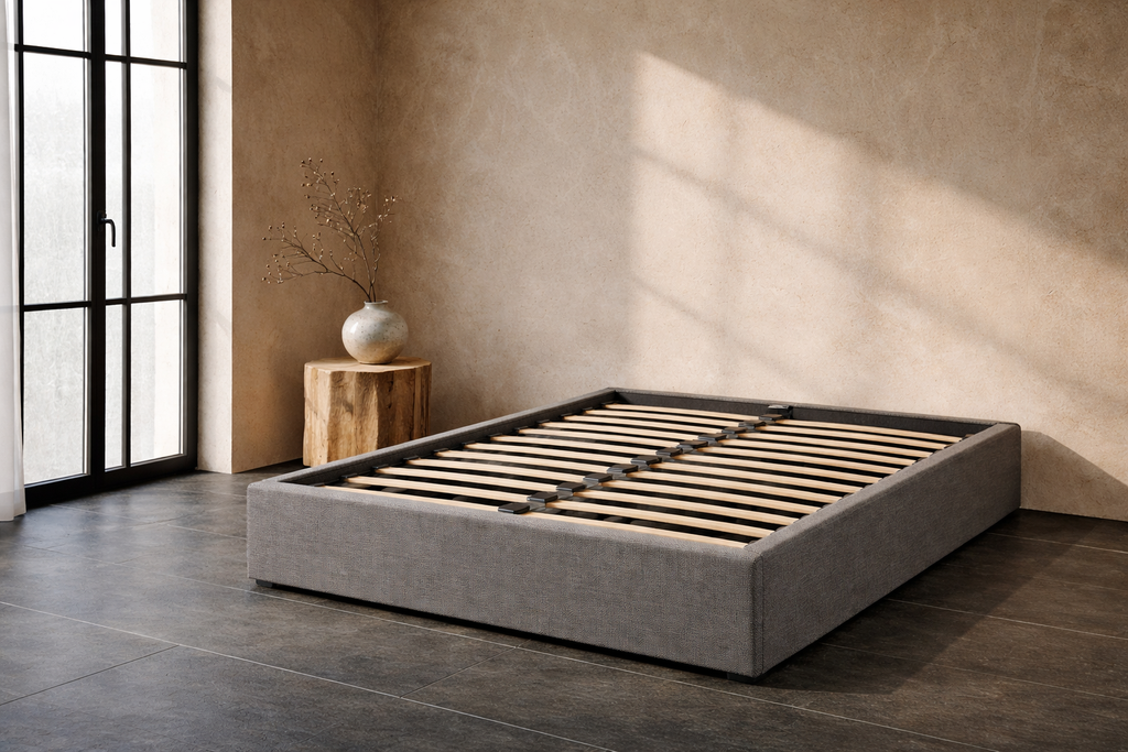 Lit Coffre 150×200 Mino Gris – Tissu, Rangement Intégré