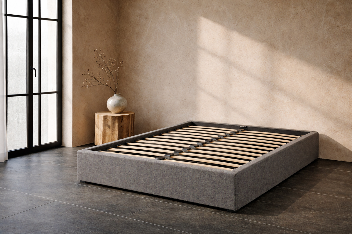 Lit Coffre 150×200 Mino Gris – Tissu, Rangement Intégré