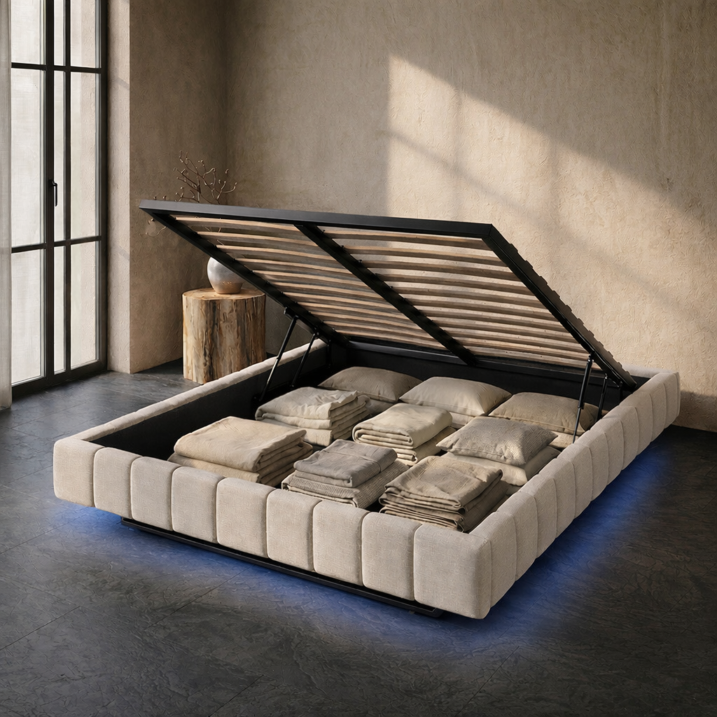 Lit Coffre 160×200 Kubo Beige – Tissu Matelassé, LED Intégrée