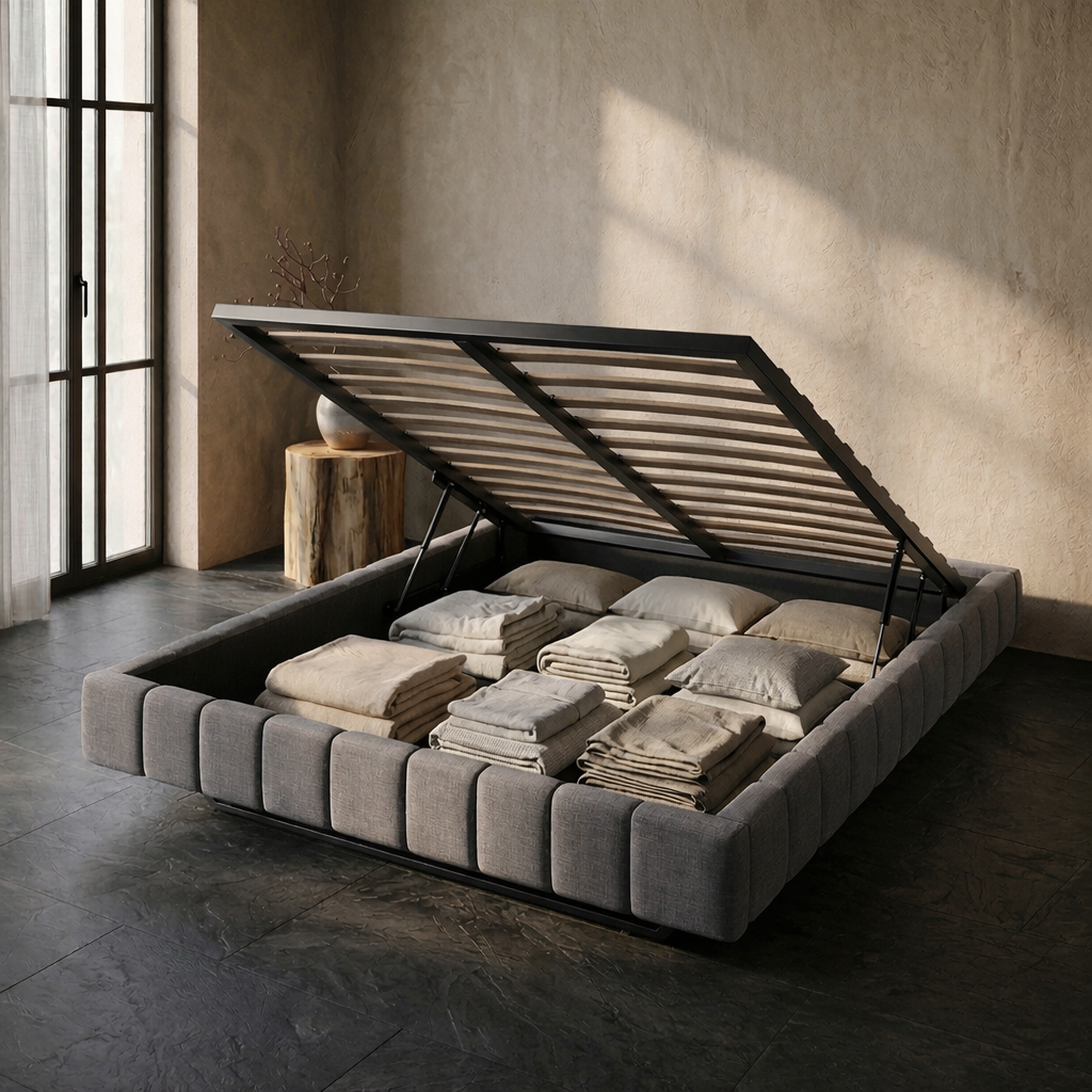 Lit Coffre 140×200 Kubo Gris – Tissu Matelassé, LED Intégrée