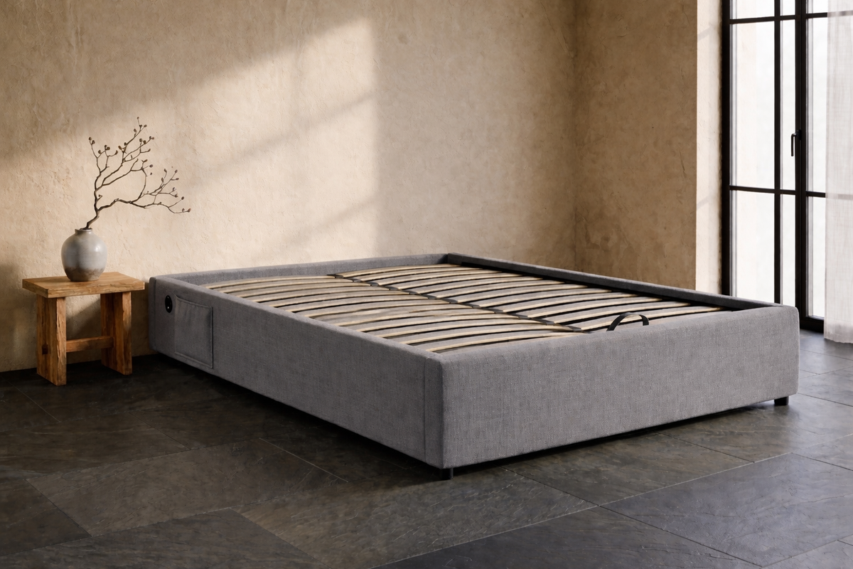Lit Coffre 160×200 Hako Gris – Tissu Lin, Port USB Intégré