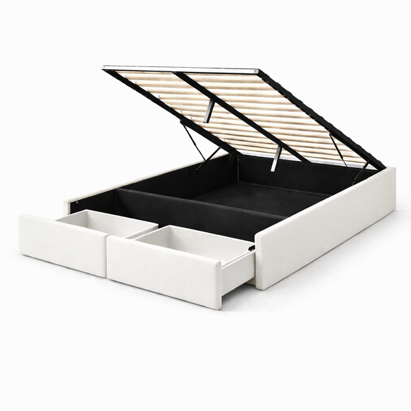 Lit Coffre 140×200 Arcio Blanc – Coffre + Tiroirs, Tissu