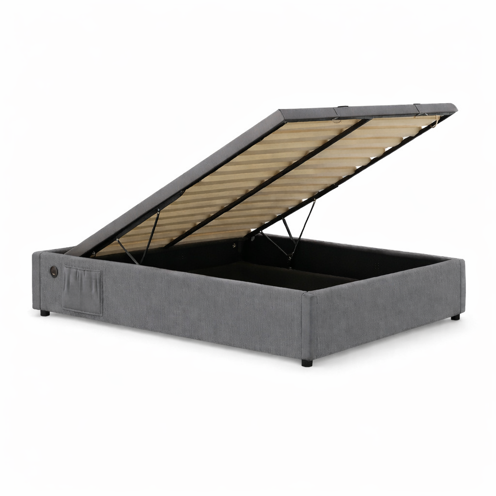 Lit Coffre 160×200 Hako Gris – Tissu Lin, Port USB Intégré