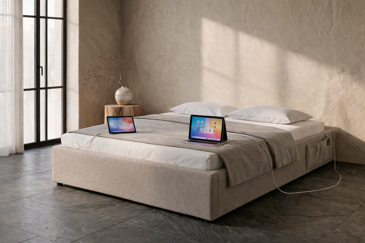 Lit Coffre 160×200 Hako Beige – Tissu Lin, Port USB Intégré