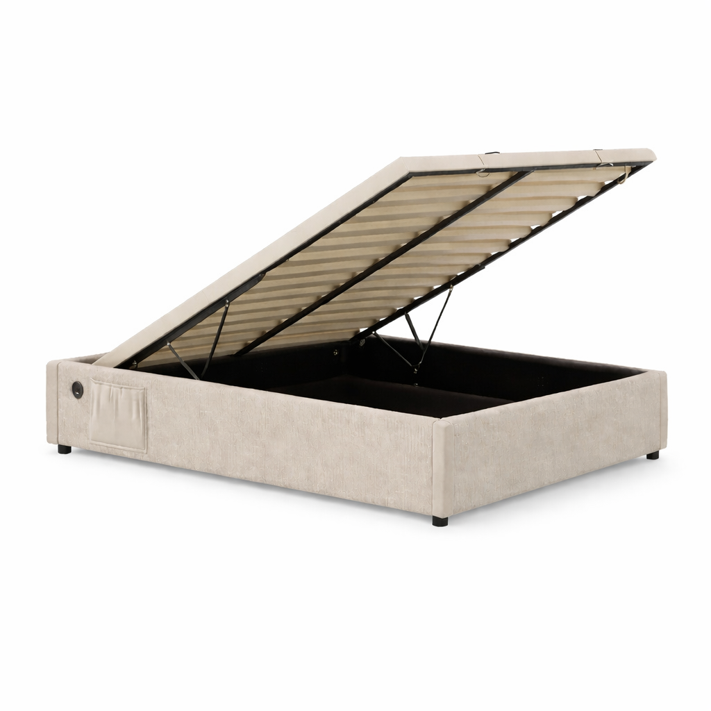 Lit Coffre 160×200 Hako Beige – Tissu Lin, Port USB Intégré