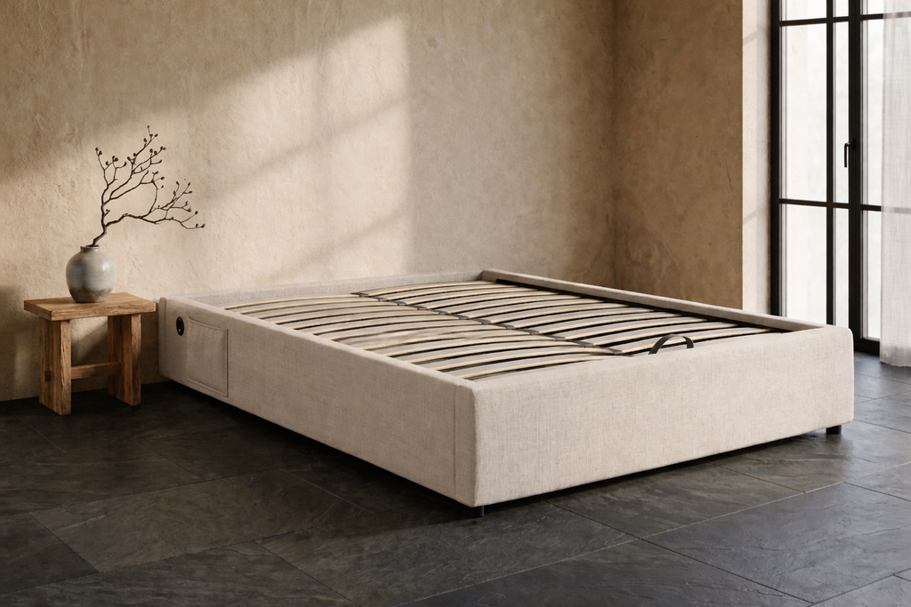 Lit Coffre 160×200 Hako Beige – Tissu Lin, Port USB Intégré